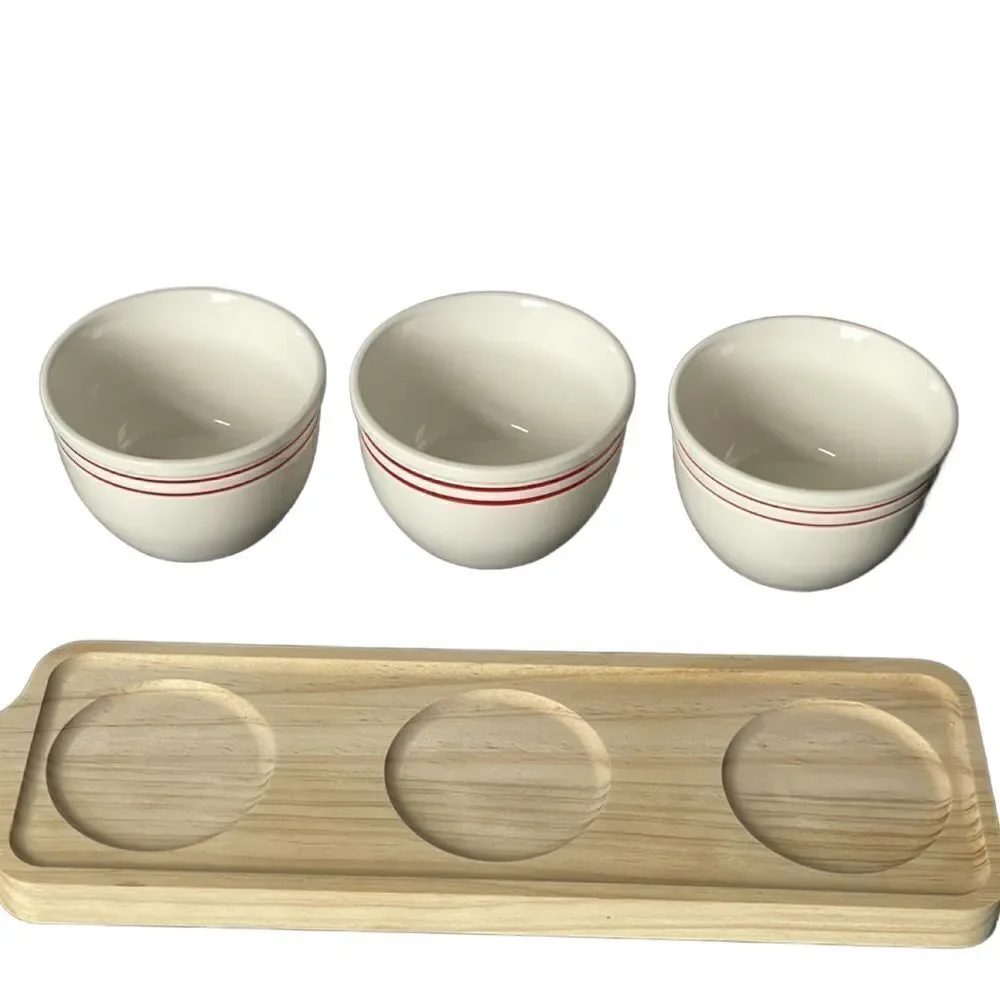 Hallmark Vintage 1970’s Trio of Small Ceramic Serving Bowls on Wooden Block